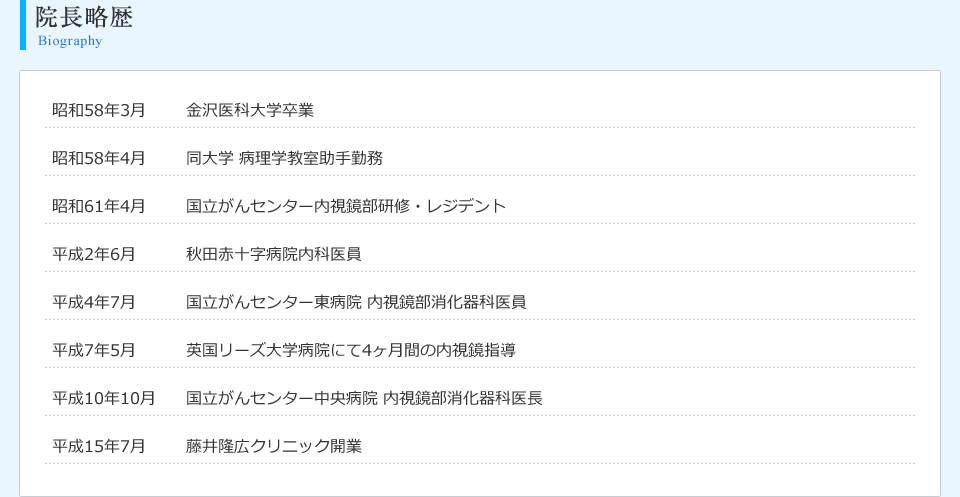 院長略歴 昭和58年3月 金沢医科大学卒業 　昭和58年4月 同大学 病理学教室助手勤務 　昭和61年4月 国立がんセンター内視鏡部研修・レジデント 　平成2年6月 秋田赤十字病院内科医員 　平成4年7月 国立がんセンター東病院 内視鏡部消化器科医員 　平成7年5月 英国リーズ大学病院にて4ヶ月間の内視鏡指導 　平成10年10月 国立がんセンター中央病院 内視鏡部消化器科医長 　平成15年7月 藤井隆広クリニック開業